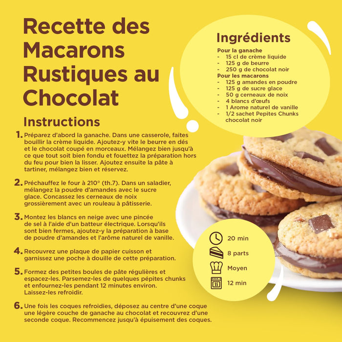 Recette de biscuits aux pépites de chocolat et aux noix de macadamia avec ingrédients et instructions.