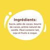 L'image montre la liste des ingrédients d'un produit chocolaté, notamment du sucre, de la pâte de cacao de Côte d'Ivoire, du beurre de cacao, de la poudre de cacao maigre et de l'arôme naturel de vanille, avec une note indiquant qu'il peut contenir du lait et des fruits à coque.