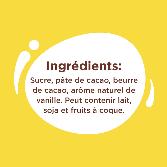 L'image montre la liste des ingrédients d'un produit chocolaté, notamment du sucre, de la pâte de cacao de Côte d'Ivoire, du beurre de cacao, de la poudre de cacao maigre et de l'arôme naturel de vanille, avec une note indiquant qu'il peut contenir du lait et des fruits à coque.