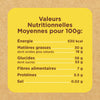 Informations nutritionnelles pour 100g d'un produit alimentaire, incluant les calories, les matières grasses, les glucides, les fibres, les protéines et le sel.