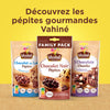 Vahiné présente une sélection de ses pépites gourmandes, incluant chocolat au lait, chocolat noir et un mélange de trois chocolats, le tout en formats familiaux.