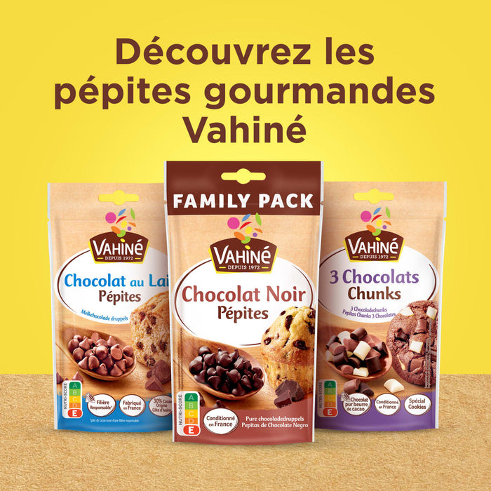 Vahiné présente une sélection de ses pépites gourmandes, incluant chocolat au lait, chocolat noir et un mélange de trois chocolats, le tout en formats familiaux.