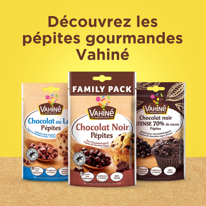 Vahiné présente une sélection de ses pépites gourmandes, incluant chocolat au lait, chocolat noir et un mélange de trois chocolats, le tout en formats familiaux.