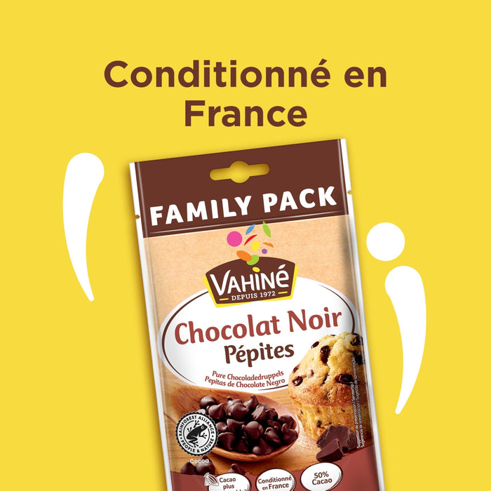 Un paquet familial de pépites de chocolat noir Vahiné, conditionné en France.