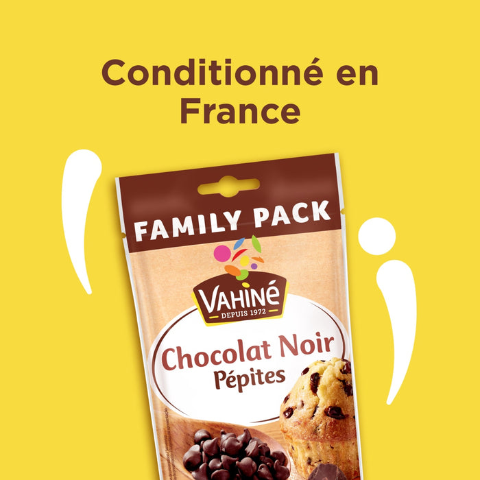 Un paquet familial Vahiné de pépites de chocolat noir, indiquant qu'il est conditionné en France.