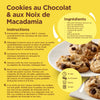 Fiche de recette pour des biscuits aux pépites de chocolat et aux noix de macadamia avec les ingrédients et les instructions.