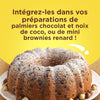 Un gâteau bundt aux pépites de chocolat et aux noisettes est présenté, suggérant qu'il peut être utilisé dans des recettes de palmiers au chocolat et à la noix de coco ou de mini brownies renard.