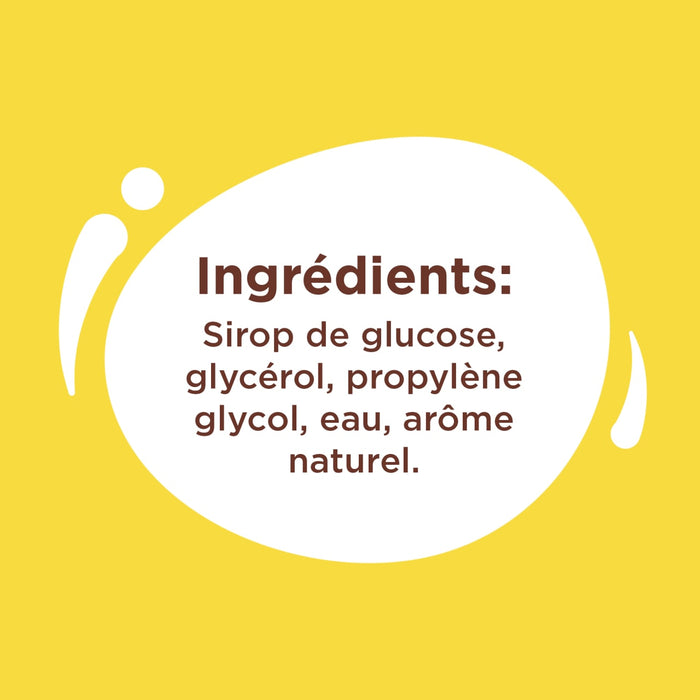 L'image affiche la liste des ingrédients, notamment le sirop de glucose, le glycérol, le propylène glycol, l'eau et l'arôme naturel.