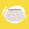 L'image montre la liste des ingrédients d'un produit chocolaté, notamment du sucre, de la pâte de cacao, du beurre de cacao, du lait entier en poudre et de la lécithine de soja.