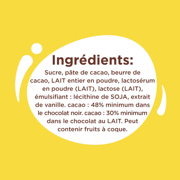L'image montre la liste des ingrédients d'un produit chocolaté, notamment du sucre, de la pâte de cacao, du beurre de cacao, du lait entier en poudre et de la lécithine de soja.