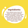 L'image montre la liste des ingrédients d'un produit chocolaté, notamment du sucre, de la pâte de cacao, du beurre de cacao, du lait entier en poudre et de la lécithine de soja.