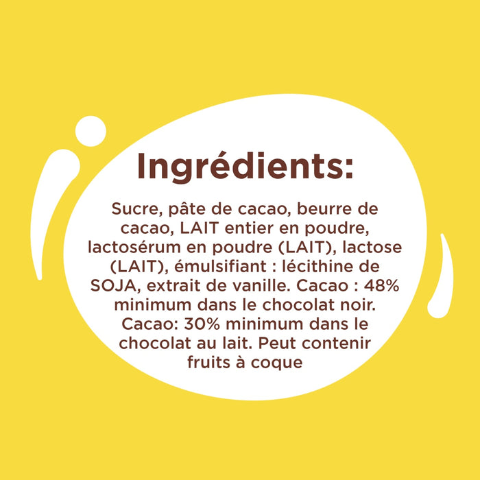 L'image montre la liste des ingrédients d'un produit chocolaté, notamment du sucre, de la pâte de cacao, du beurre de cacao, du lait entier en poudre et de la lécithine de soja.