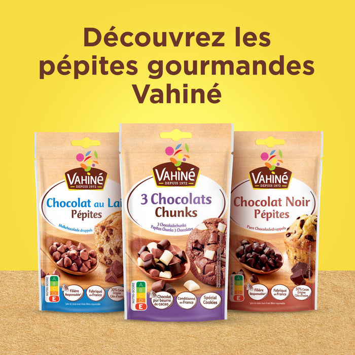 Vahiné présente une sélection de pépites gourmandes au chocolat au lait, trois chocolats et chocolat noir.
