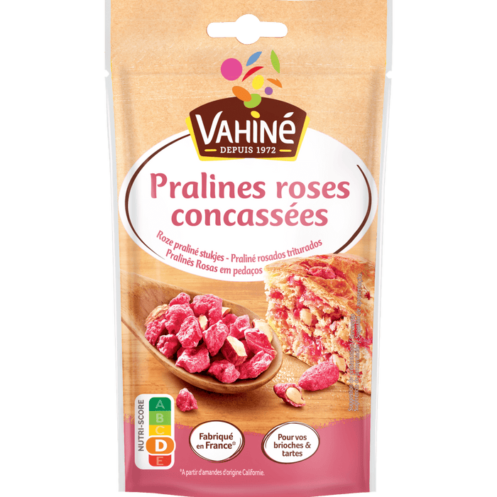 Un paquet de pralines roses concassées de la marque Vahiné, souvent utilisées en pâtisserie.