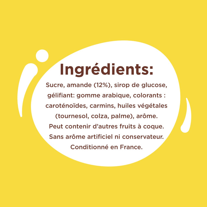 L'image affiche la liste des ingrédients d'un produit alimentaire, notamment du sucre, des amandes, du sirop de glucose et des huiles végétales.