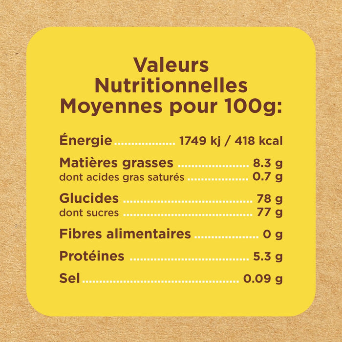 Étiquette d'information nutritionnelle indiquant les valeurs nutritionnelles moyennes pour 100g.