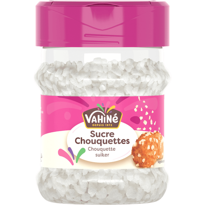 Un pot de sucre chouquettes de la marque Vahiné, un type de sucre perlé utilisé pour la pâtisserie.