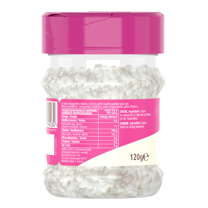 Un rACcipient de sel avec un couvercle rose prACsente les informations nutritionnelles du produit sur une ACtiquette rose.