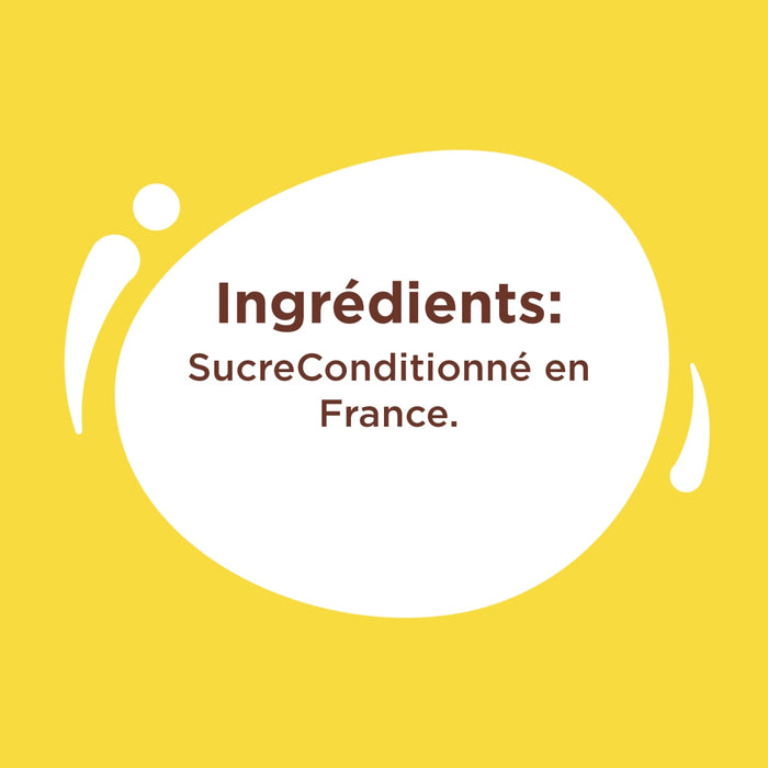L'image affiche la liste des ingrédients, qui comprend du sucre conditionné en France.