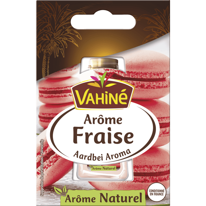 Vahiné Arôme Fraise, un arôme naturel de fraise, est présenté dans son emballage avec une image de macarons.