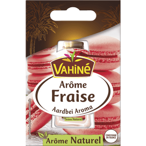 Vahiné Arôme Fraise, un arôme naturel de fraise, est présenté dans son emballage avec une image de macarons.