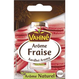 Vahiné Arôme Fraise, un arôme naturel de fraise, est présenté dans son emballage avec une image de macarons.