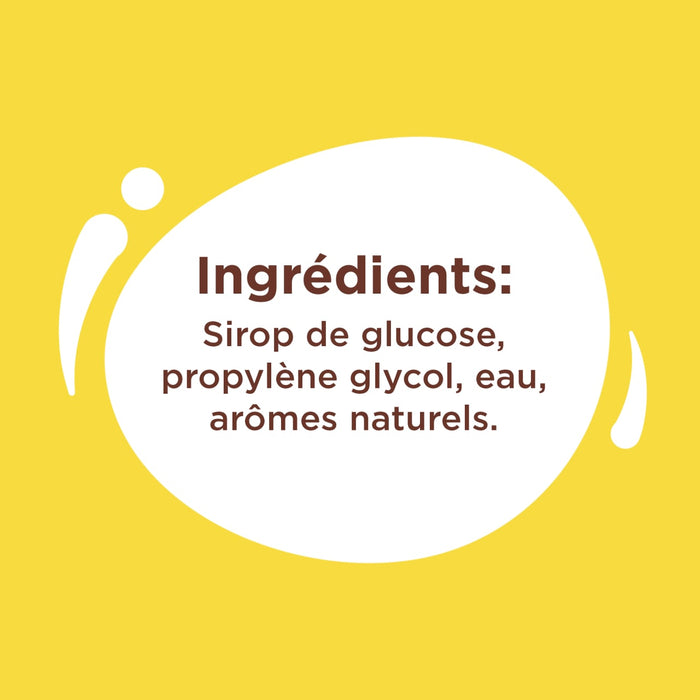 L'image affiche une liste d'ingrédients: sirop de glucose, propylène glycol, eau et arômes naturels.