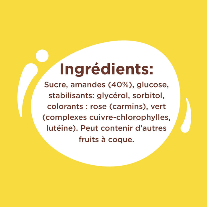 L'image montre la liste des ingrédients d'un produit alimentaire, notamment du sucre, des amandes, du glucose, des stabilisants et des colorants, et indique que le produit peut contenir d'autres fruits à coque.