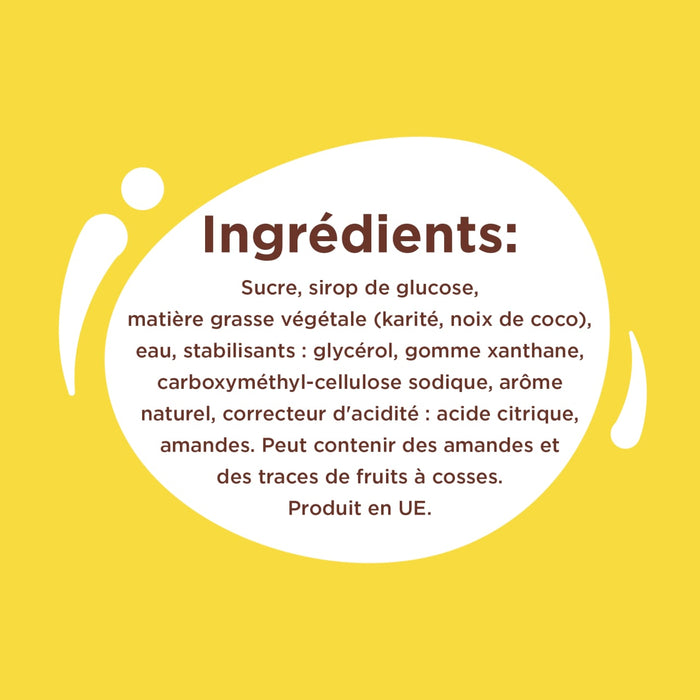 L'image affiche une liste d'ingrédients pour un produit alimentaire, comprenant du sucre, du sirop de glucose, des matières grasses végétales et des amandes, avec une note indiquant qu'il peut contenir des traces d'autres fruits à coque et fruits.