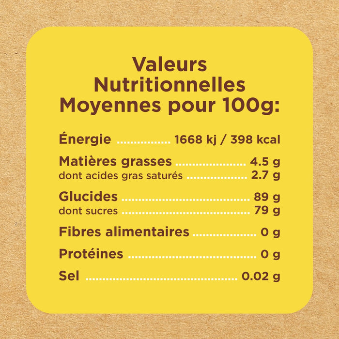 Une étiquette de valeurs nutritionnelles indique les valeurs nutritionnelles moyennes pour 100g d'un produit alimentaire.