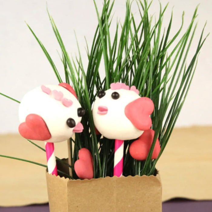 Deux cake pops en forme d'oiseau décorés de cœurs roses et d'yeux noirs sont présentés dans un sac en papier brun rempli d'herbe artificielle.
