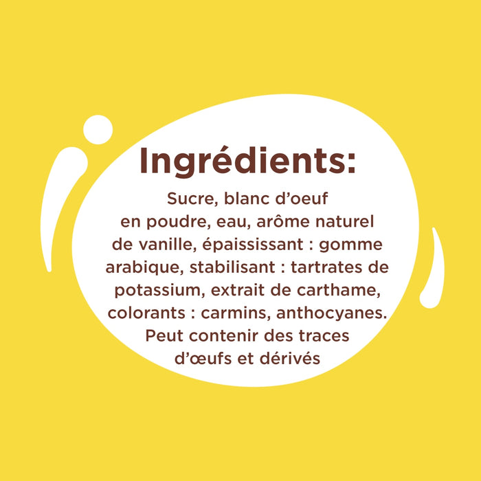 L'image montre une liste d'ingrédients comprenant du sucre, des blancs d'œufs en poudre, de l'eau, un arôme naturel de vanille, un épaississant, du carmin et des anthocyanes.