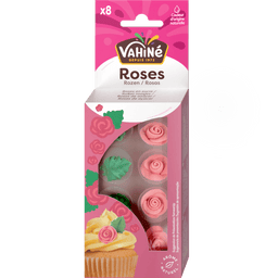 Un paquet de décorations comestibles Van H Roses pour cupcakes et desserts.