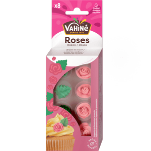 Un paquet de décorations comestibles Van H Roses pour cupcakes et desserts.