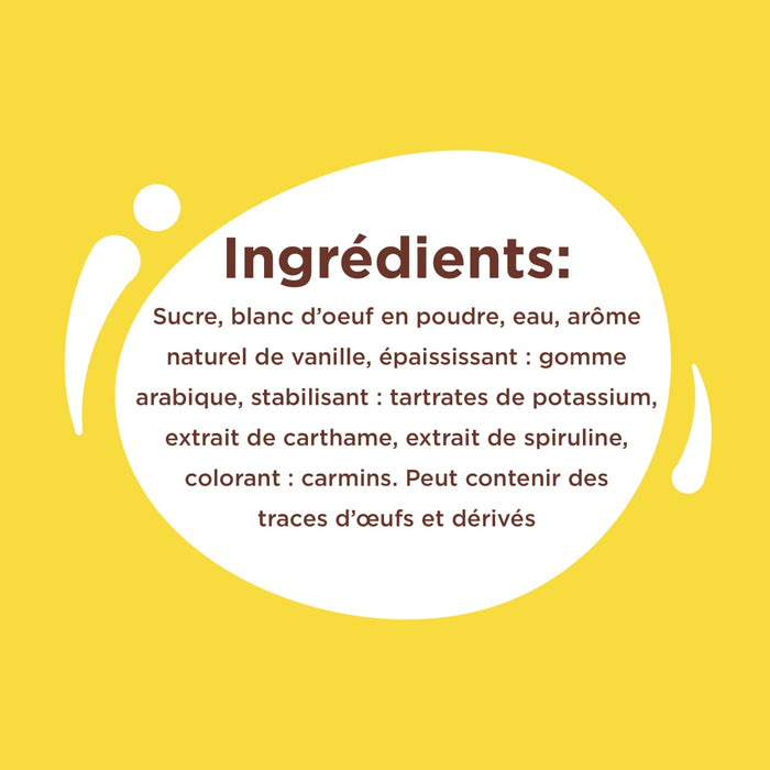 L'image affiche une liste d'ingrédients comprenant du sucre, du blanc d'œuf en poudre, un arôme naturel de vanille et divers agents épaississants et colorants.