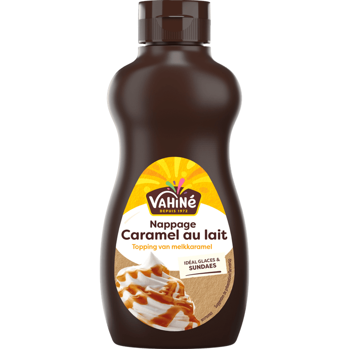 Une bouteille de nappage au caramel Kraft est présentée.