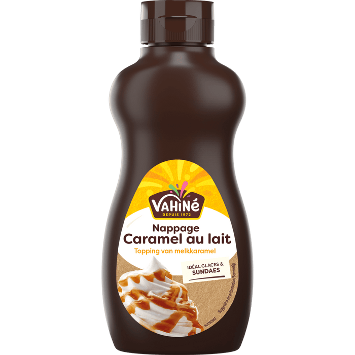 Une bouteille de nappage au caramel Kraft est présentée.