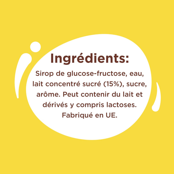 L'image montre la liste des ingrédients d'un produit alimentaire, notamment le sirop de glucose-fructose, le lait concentré, le sucre et l'arôme.