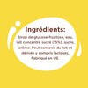 L'image montre la liste des ingrédients d'un produit alimentaire, notamment le sirop de glucose-fructose, le lait concentré, le sucre et l'arôme.