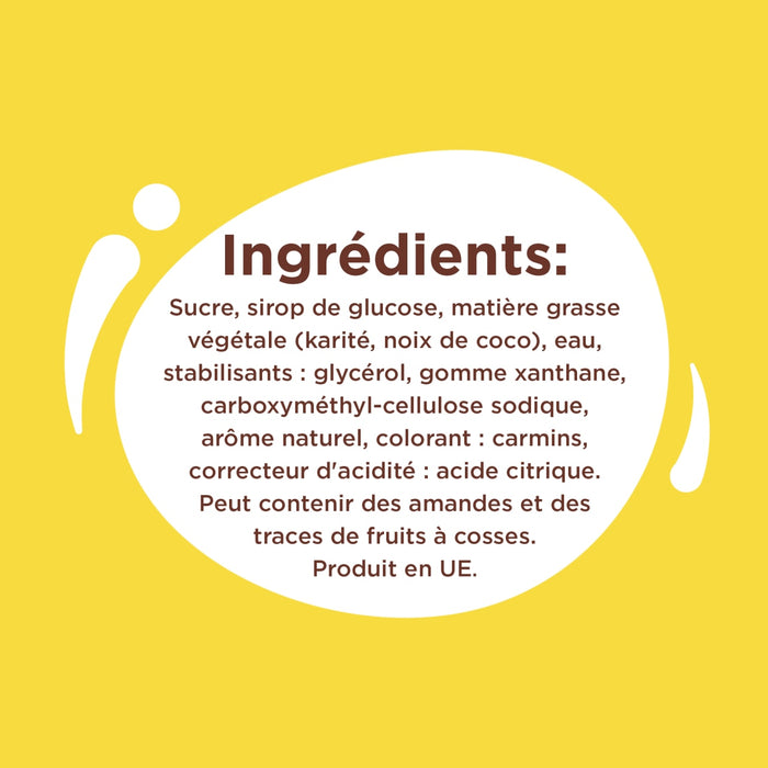 L'image affiche une liste d'ingrédients comprenant du sucre, du sirop de glucose, de la matière grasse végétale, du lait de coco, des stabilisants, un arôme naturel et de l'acide citrique, avec un avertissement indiquant qu'il peut contenir des amandes et des traces de fruits à coque.