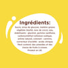 L'image affiche une liste d'ingrédients comprenant du sucre, du sirop de glucose, de la matière grasse végétale, du lait de coco, des stabilisants, un arôme naturel et de l'acide citrique, avec un avertissement indiquant qu'il peut contenir des amandes et des traces de fruits à coque.