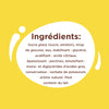 L'image liste les ingrédients d'un produit alimentaire, notamment le sucre, l'amidon, le sirop de glucose, le glycérol, l'acide citrique, les pectines, les mono- et diglycérides d'acides gras, le sorbate de potassium et l'arôme naturel, et indique qu'il peut contenir du lait.