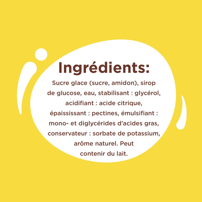 L'image liste les ingrédients d'un produit alimentaire, notamment le sucre, l'amidon, le sirop de glucose, le glycérol, l'acide citrique, les pectines, les mono- et diglycérides d'acides gras, le sorbate de potassium et l'arôme naturel, et indique qu'il peut contenir du lait.