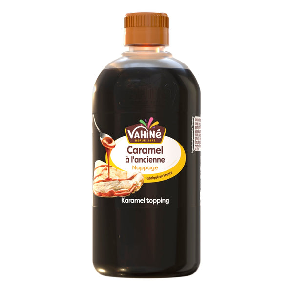 Une bouteille de nappage au caramel Natali est prACsentACe, soulignant son utilisation comme garniture aromatisACe.