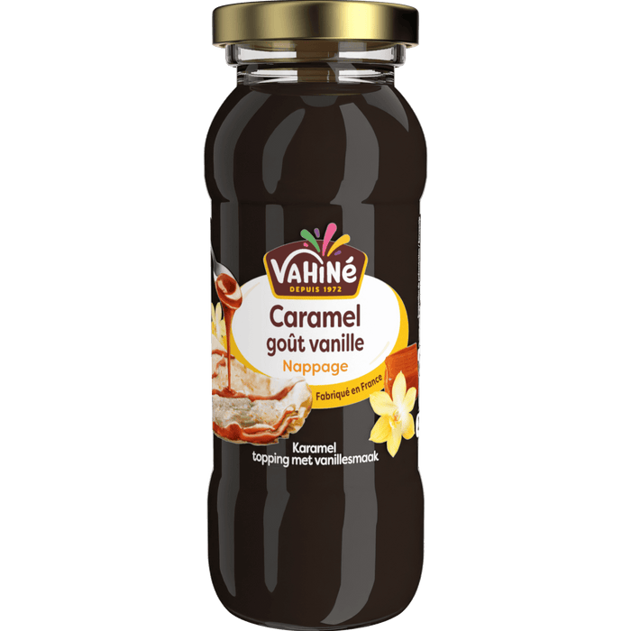 Une bouteille de nappage Karine Caramel Vanille est présentée.