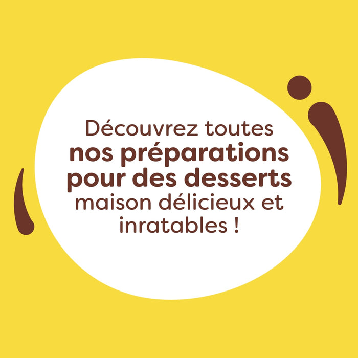 Une publicité Vahiné faisant la promotion de Vahine Sch Cookies Gouter X8-Va et d'autres préparations pour des desserts maison délicieux et inratables, affichée dans une bulle de dialogue blanche sur fond jaune avec des éléments décoratifs marron.